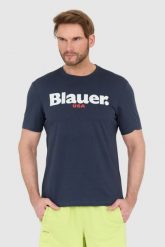 BLAUER Granatowy męski t-shirt z dużym logo. Niebieskie t-shirty męskie Blauer USA, l, bez wzorów, bez kołnierzyka, bez ramiączek. W wyprzedaży za 129.99 zł.