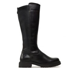 Oficerki Tamaris. Czarne kozaki damskie Tamaris, bez wzorów, bez obcasa, na płaskiej podeszwie, bez zapięcia. Za 549.99 zł.