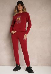 Bordowy Ocieplany Komplet Dresowy z Bawełny Zdobiony Cyrkoniami Bluza i Spodnie z Gumką Nelionis. Czerwone bluzy damskie Renee, m, z aplikacjami, z bawełny, eleganckie, bez ramiączek, bez kaptura. Za 74.99 zł.