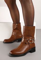 Brązowe Botki Motocyklowe Ozdobione Paskiem z Klamrą przy Cholewce Mazista. Brązowe botki damskie Renee, bez wzorów, z jeansu, biznesowe, bez obcasa, na obcasie, bez zapięcia. Za 164.99 zł.