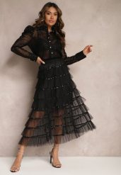 Czarna Rozkloszowana Spódnica Maxi z Falbankami i Cekinami Noobi. Czarne spódnice damskie Renee, m, bez wzorów, z materiału, eleganckie, maxi, rozkloszowane. Za 74.99 zł.