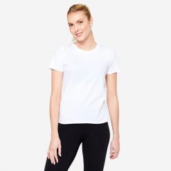 Koszulka z krótkim rękawem damska Domyos Gym & Pilates 100. Białe bluzki damskie DOMYOS, xl, bez wzorów, z bawełny, klasyczne, bez kołnierzyka, bez ramiączek. Za 24.99 zł.