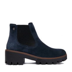 Botki Rieker. Niebieskie botki damskie Rieker, bez wzorów, bez obcasa, na słupku, bez zapięcia. Za 399.99 zł.
