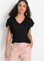 T-shirt z miękkiej wiskozy. Czarne t-shirty damskie bonprix, bez wzorów, z wiskozy, bez kołnierzyka, bez ramiączek. Za 82.99 zł.