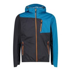Kurtka przeciwdeszczowa z kapturem CMP. Niebieskie kurtki sportowe męskie CMP, bez wzorów, z softshellu, z kapturem, trekkingowe. Za 425.15 zł.