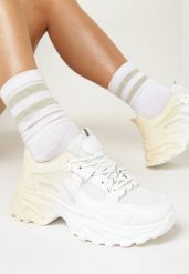 Biało-Beżowe Sneakersy Ombre na Płaskiej Podeszwie ze Żłobieniami Jofiello. Białe obuwie sportowe damskie Born2be, na jesień, bez wzorów, z okrągłym noskiem, bez zapięcia. Za 99.99 zł.
