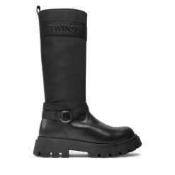 Kozaki TWINSET. Czarne kozaki damskie Twinset, bez wzorów, bez obcasa, na płaskiej podeszwie, bez zapięcia. Za 1,249.00 zł.