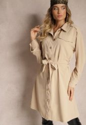 Beżowa Sukienka o Koszulowym Kroju z Paskiem i Eleganckimi Guzikami Torlina. Brązowe sukienki damskie Renee, do pracy, l, bez wzorów, biznesowe, bez kołnierzyka, bez ramiączek, midi, koszulowe. Za 119.99 zł.