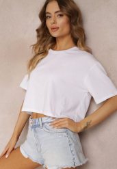 Biały T-shirt o Fasonie Cropped Oversize Brighta. Białe t-shirty damskie Renee, l, bez wzorów, eleganckie, bez kołnierzyka, bez ramiączek. Za 29.99 zł.