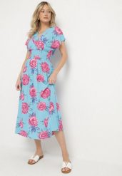 Niebieska Kopertowa Sukienka z Bawełną w Kwiaty Tdivana. Niebieskie sukienki damskie Born2be, na imprezę, na lato, l, bez wzorów, z bawełny, eleganckie, bez kołnierzyka, bez ramiączek, midi, kopertowe. Za 64.99 zł.
