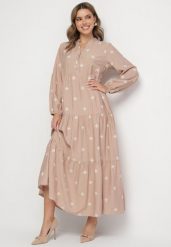 Beżowa Sukienka z Wiskozy o Rozkloszowanym Kroju z Ozdobnym Haftem Nalariel. Brązowe sukienki damskie Born2be, l, z aplikacjami, z jeansu, eleganckie, bez kołnierzyka, bez ramiączek, maxi, rozkloszowane. Za 139.99 zł.
