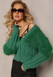Ciemnozielony Kardigan z Włochatą Dzianiną Przy Dekolcie i Rękawach Saccina. Zielone kardigany damskie Renee, bez wzorów, z dzianiny, bez kołnierzyka. Za 89.99 zł.