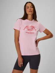 4F T-shirt regular z nadrukiem damski - różowy XL. Czerwone koszulki sportowe damskie 4F, xl, bez wzorów, z bawełny, bez ramiączek. Za 59.99 zł.