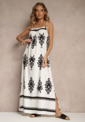 Biała Rozkloszowana Sukienka na Ramiączkach w Ornamentalny Print Reveleine. Białe sukienki damskie Renee, na co dzień, l, z aplikacjami, bez kołnierzyka, bez ramiączek, maxi, dopasowane. Za 54.99 zł.