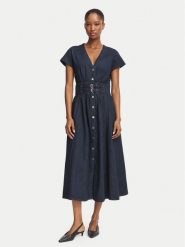 Morgan Sukienka jeansowa 262-RIRINA Granatowy Regular Fit. Niebieskie sukienki damskie Morgan, bez wzorów, z bawełny, bez kołnierzyka, bez ramiączek, koszulowe. Za 484.99 zł.