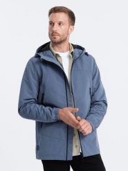 Kurtka męska przejściowa z kapturem - niebieska V3. Niebieskie kurtki męskie Ombre Clothing, m, bez wzorów, z kapturem. W wyprzedaży za 109.99 zł.