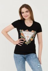GUESS Czarny t-shirt Triangle Flowers. Czarne t-shirty damskie Guess, xs, z aplikacjami, bez kołnierzyka, bez ramiączek. W wyprzedaży za 109.99 zł.