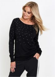 Długi sweter z połyskującymi kamieniami. Czarne swetry nierozpinane damskie bonprix, bez wzorów, z materiału, bez kołnierzyka, bez ramiączek. Za 119.99 zł.