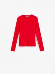Gładki sweter - czerwony. Czerwone swetry nierozpinane damskie Reserved, l, bez wzorów, z dzianiny, bez kołnierzyka, bez ramiączek. Za 89.99 zł.