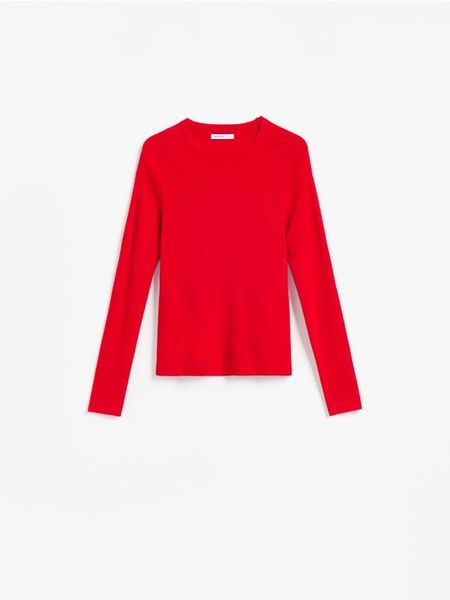 Gładki sweter - czerwony. Czerwone swetry nierozpinane damskie Reserved, l, bez wzorów, z dzianiny, bez kołnierzyka, bez ramiączek. Za 89.99 zł.