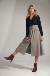 Rozkloszowana Spódnica do Połowy Łydki z Rozcięciem- Kratka. Brązowe spódnice damskie Figl, xl, bez wzorów, z materiału, rozkloszowane. Za 269.00 zł.