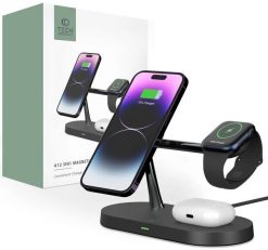 Ładowarka Acefast Ładowarka Tech-Protect A12 indukcyjna 3w1 MagSafe na smartfon / słuchawki / smartwatch - czarna. Czarne zegarki smartwatch Acefast, bez wzorów. Za 155.00 zł.