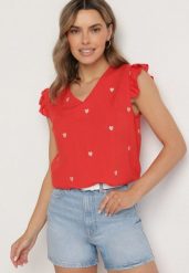 Czerwona Bluzka Top z Wiskozy bez Rękawów z Falbankami w Haftowane Serduszka Taella. Czerwone topy damskie Born2be, m, bez wzorów, z wiskozy, bez kołnierzyka, bez ramiączek. Za 49.99 zł.