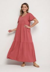 Ciemnoróżowa Wiskozowa Sukienka Rozkloszowana z Dekoltem V Natilenia. Czerwone sukienki damskie Born2be, na co dzień, l, bez wzorów, z wiskozy, eleganckie, bez kołnierzyka, bez ramiączek, midi, rozkloszowane. Za 64.99 zł.