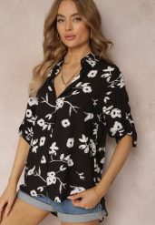 Czarna Koszula Typu Kimono z Bawełny i Wiskozy w Kwiatowy Wzór Carlania. Czarne koszule damskie Renee, m, bez wzorów, z bawełny, bez kołnierzyka, bez ramiączek. Za 39.99 zł.