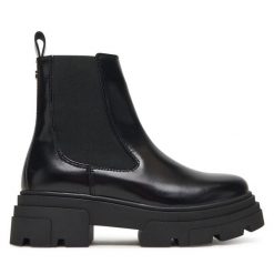 Sztyblety Tommy Hilfiger. Czarne botki damskie Tommy Hilfiger, bez wzorów, bez obcasa, na płaskiej podeszwie, bez zapięcia. Za 519.99 zł.