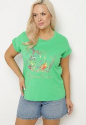 Zielony T-shirt z Kolorowym Nadrukiem z Bawełny Mepitia. Zielone t-shirty damskie Born2be, s, bez wzorów, z bawełny, eleganckie, bez kołnierzyka, bez ramiączek. Za 34.99 zł.