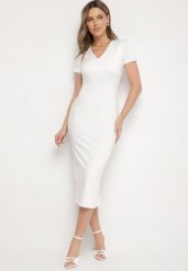 Biała Sukienka Dopasowana Bodycon z Dekoltem w Serek Efricene. Białe sukienki damskie Born2be, na co dzień, l, bez wzorów, z jeansu, klasyczne, bez kołnierzyka, bez ramiączek, midi, bodycon. Za 109.99 zł.