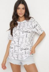 Biały T-shirt Oversize z Bawełny Zdobiony Nadrukiem Sinelra. Białe t-shirty damskie Born2be, m, z aplikacjami, z bawełny, eleganckie, bez kołnierzyka, bez ramiączek. Za 39.99 zł.