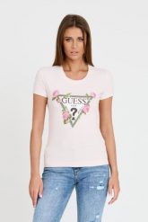 GUESS Różowy t-shirt Floral Triangle Tee. Czerwone t-shirty damskie Guess, s, z aplikacjami, bez kołnierzyka, bez ramiączek. W wyprzedaży za 163.99 zł.