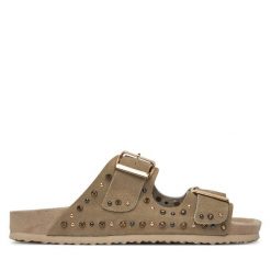 Klapki DeeZee. Brązowe klapki damskie DeeZee, bez wzorów, bez obcasa, bez zapięcia. Za 179.99 zł.
