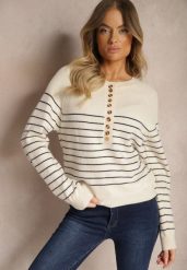 Beżowo-Niebieski Sweter z Wiskozą w Poziome Paski z Guzikami przy Dekolcie Irivoni. Brązowe swetry nierozpinane damskie Renee, l, bez wzorów, z jeansu, casualowe, bez kołnierzyka, bez ramiączek. Za 84.99 zł.