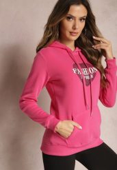 Różowa Bluza Kangurka Ocieplona Polarem z Ozdobnym Nadrukiem Elili. Czerwone bluzy damskie Renee, l, bez wzorów, z jeansu, casualowe, bez ramiączek, bez kaptura. Za 79.99 zł.