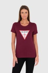 GUESS Bordowy t-shirt Original Tee. Czerwone t-shirty damskie Guess, s, z aplikacjami, z bawełny, bez kołnierzyka, bez ramiączek. W wyprzedaży za 100.99 zł.