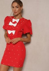 Czerwona Sukienka Dopasowana z Perełkami i Kokardkami Sovmoi. Czerwone sukienki damskie Renee, na co dzień, m, bez wzorów, bez kołnierzyka, bez ramiączek, mini, dopasowane. Za 139.99 zł.