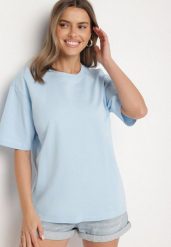Jasnoniebieski Bawełniany Klasyczny T-shirt Merovira. Niebieskie t-shirty damskie Born2be, bez wzorów, z bawełny, klasyczne, bez kołnierzyka, bez ramiączek. Za 64.99 zł.