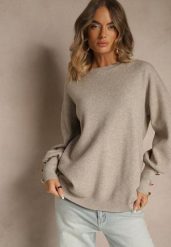 Beżowy Sweter z Wiskozą i Metalicznymi Guzikami Sidvire. Brązowe swetry nierozpinane damskie Renee, bez wzorów, z jeansu, casualowe, bez kołnierzyka, bez ramiączek. Za 109.99 zł.