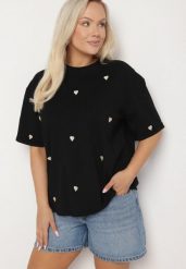 Czarny Bawełniany T-shirt Zdobiony Haftem w Kształcie Serc Naloree. Czarne t-shirty damskie Born2be, l, z aplikacjami, z bawełny, eleganckie, bez kołnierzyka, bez ramiączek. Za 69.99 zł.