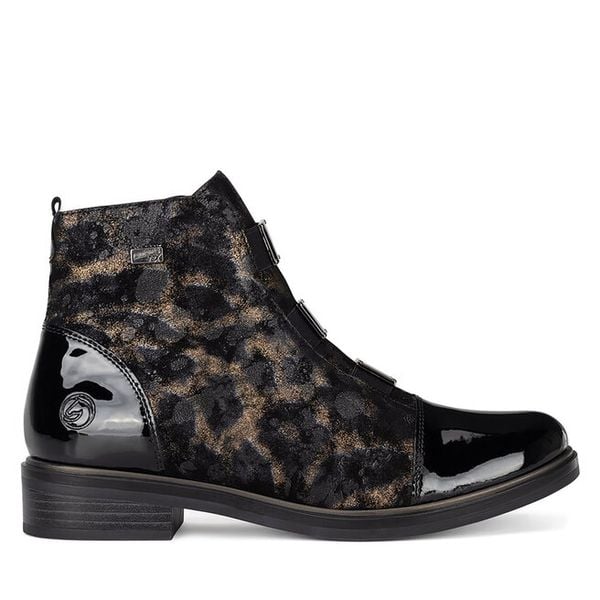 Trzewiki Remonte. Czarne botki damskie Remonte, bez wzorów, bez obcasa, na płaskiej podeszwie, bez zapięcia. Za 359.00 zł.