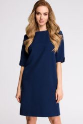 Elegancka sukienka trapezowa midi z dekoltem V z tyłu gładka granatowa. Sukienki damskie Sukienki.shop, do pracy, xl, bez wzorów, biznesowe, bez kołnierzyka, bez ramiączek, midi, trapezowe. Za 129.00 zł.