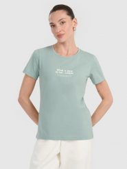 4F T-shirt regular z nadrukiem damski - turkusowy XS. Niebieskie t-shirty damskie 4F, uniwersalny, bez wzorów, z bawełny, bez kołnierzyka, bez ramiączek. Za 59.99 zł.