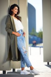 Niezapinana Długa Bluza z Kapturem - Khaki. Brązowe bluzy damskie Awama, l, bez wzorów, z bawełny, bez ramiączek, z kapturem. Za 228.90 zł.