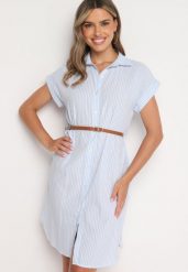 Niebieska Bawełniana Sukienka Koszulowa z Krótkim Rękawem i Paskiem w Talii Nulefia. Niebieskie sukienki damskie Born2be, l, bez wzorów, z bawełny, eleganckie, bez kołnierzyka, bez ramiączek, midi, koszulowe. Za 84.99 zł.