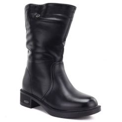 Botki damskie ocieplane na klocku czarne Vinceza 85222. Czarne botki damskie VINCEZA, bez wzorów, ze skóry ekologicznej, eleganckie, bez obcasa, bez zapięcia. Za 159.99 zł.