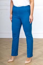 Spodnie Nilda z prostą nogawką INDYGO wysoki stan PLUS SIZE XXL. Niebieskie spodnie materiałowe damskie Nasi partnerzy, bez wzorów, z elastanu, biznesowe, z podwyższonym stanem, plus size, krótkie. Za 159.90 zł.
