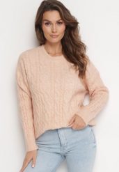 Jasnopomarańczowy Sweter Ozdobiony Klasycznym Splotem Lacemisa. Brązowe swetry nierozpinane damskie Born2be, bez wzorów, z dzianiny, klasyczne, bez kołnierzyka, bez ramiączek. Za 84.99 zł.